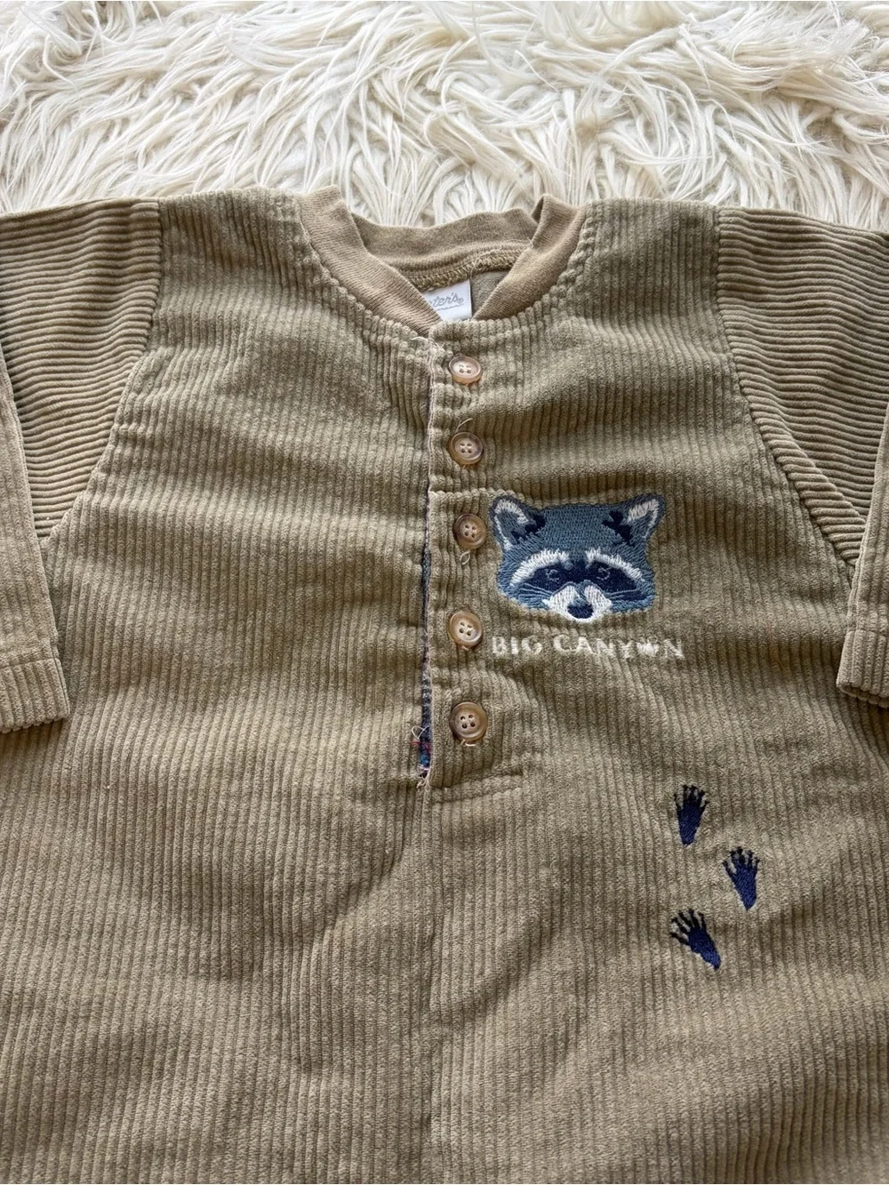 Vintage Carters Beige Corduroy Raccoon Embroidered Jumpsuit Baby 12-18 Months